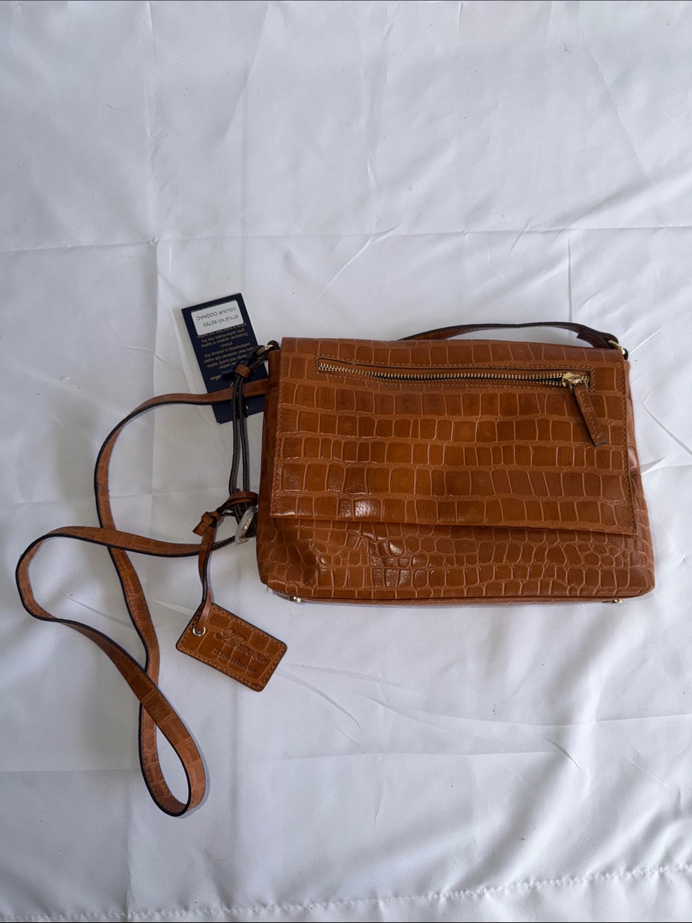Ashwood NWT Croc Embossed Leather East West Crossbody Bag Cognac Brown 62153